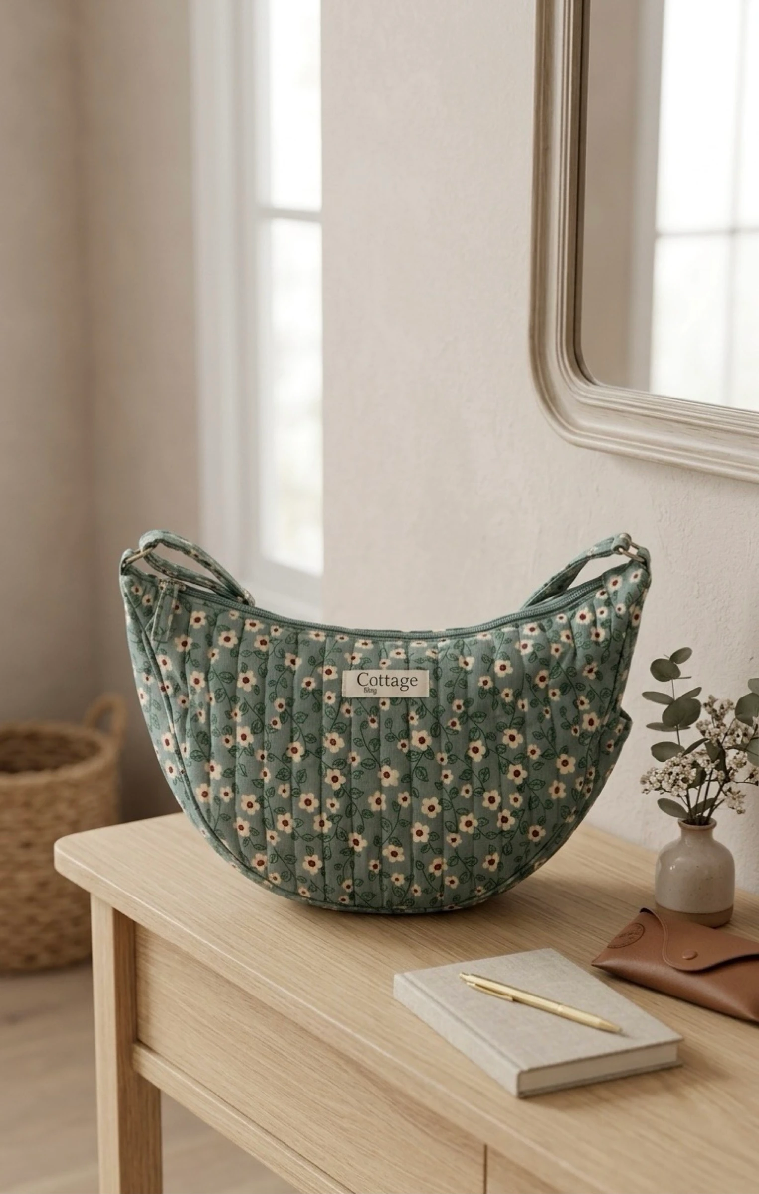 Sac Lune 100% Coton Matelassé Collection Cottage & Bag / Modèle Petites Fleurs Vert